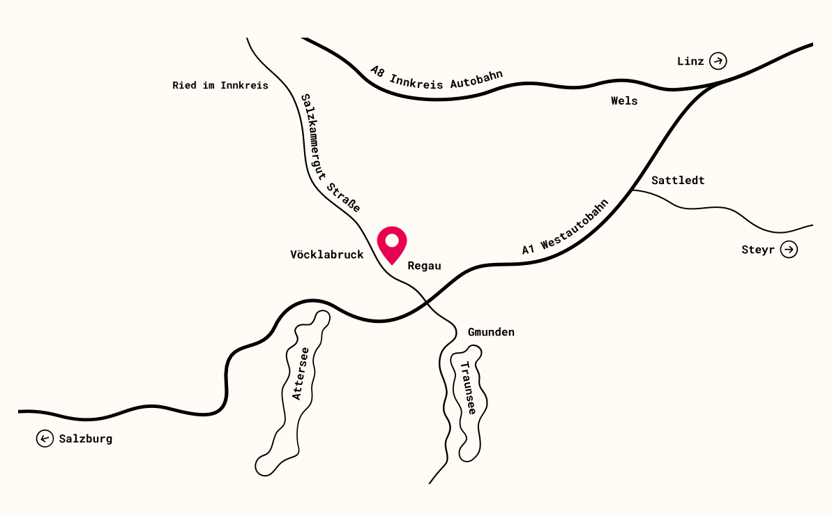Anfahrtskarte Büroraum Regau — Lage an der B145, A1 Abfahrt Regau, zwischen Attersee und Traunsee